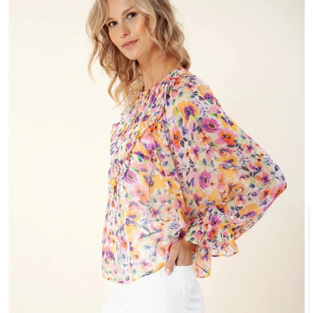 Hale‎ Bob Zuri Colorful Bright Floral Flowy Sleeve Viscose Blouse Size XS